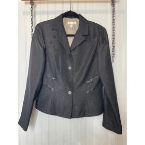 London Times Womans Black Jacquard Single Breasted Ruffled Hem Blazer Size 14